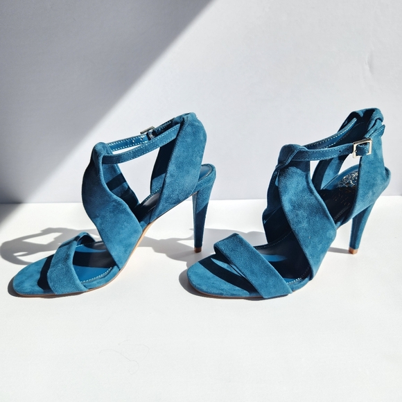 NWOT Vince Camuto 6.5M Kalentie Teal Suede Open Toe Sandals 3.5" Stiletto Heel - Picture 5 of 12